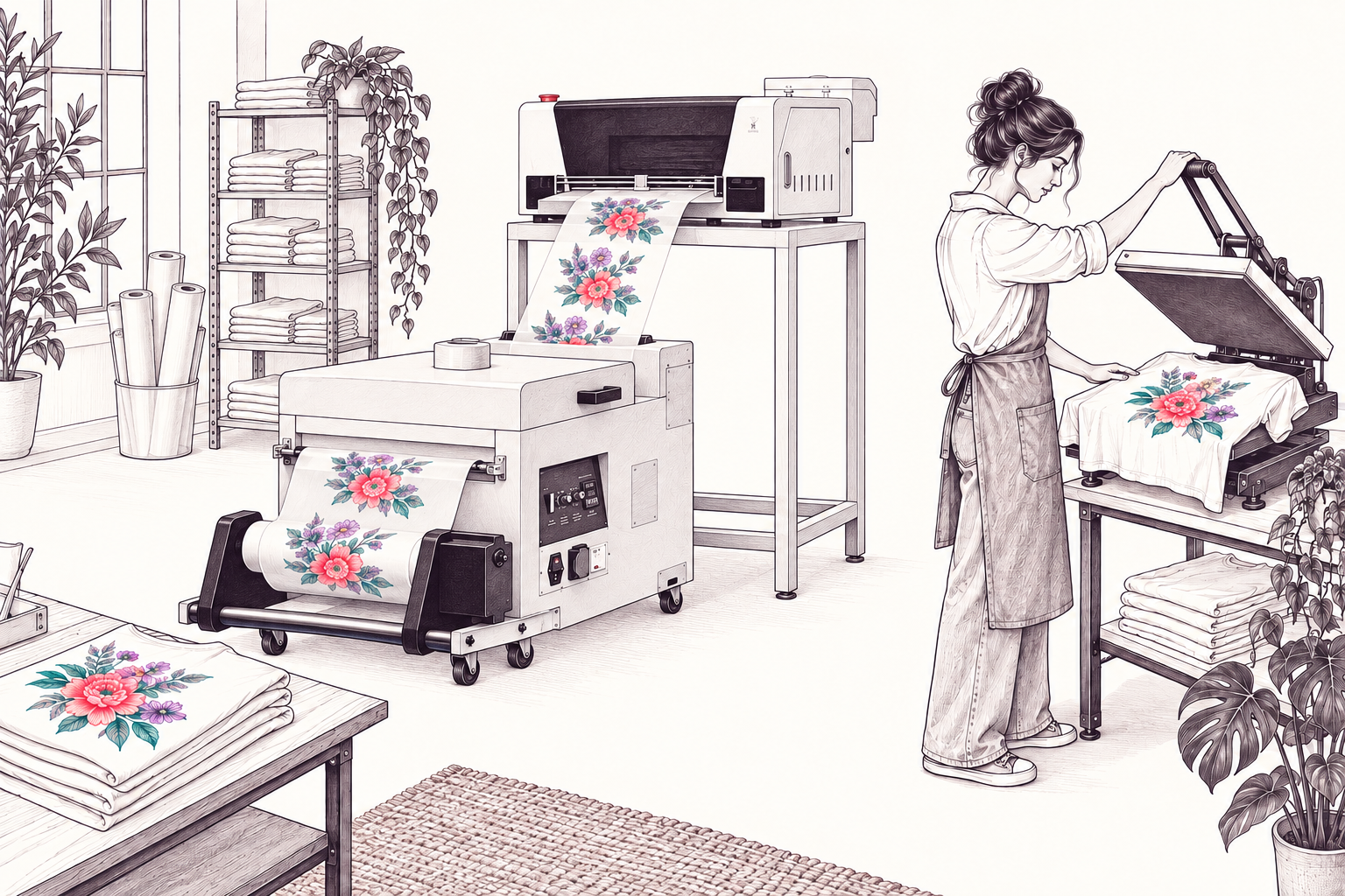 Getekende DTF-printer, curing oven en vrouw bij een heatpress met kleurrijke bloemenprint